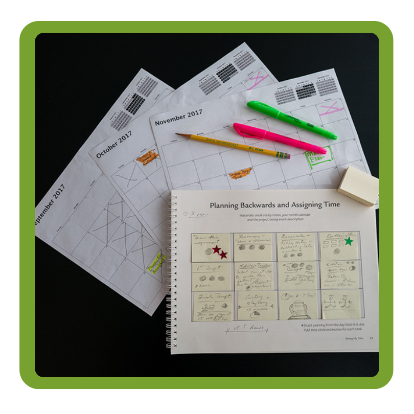 Thumbnail of the inside of the Seeing My Time Workbook with an executive function activity and calendar pages