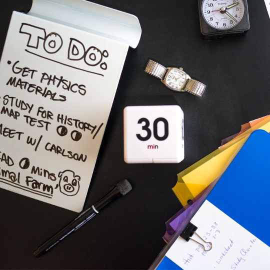 To do list with ways to manage time for kids, timer, watch and school folders