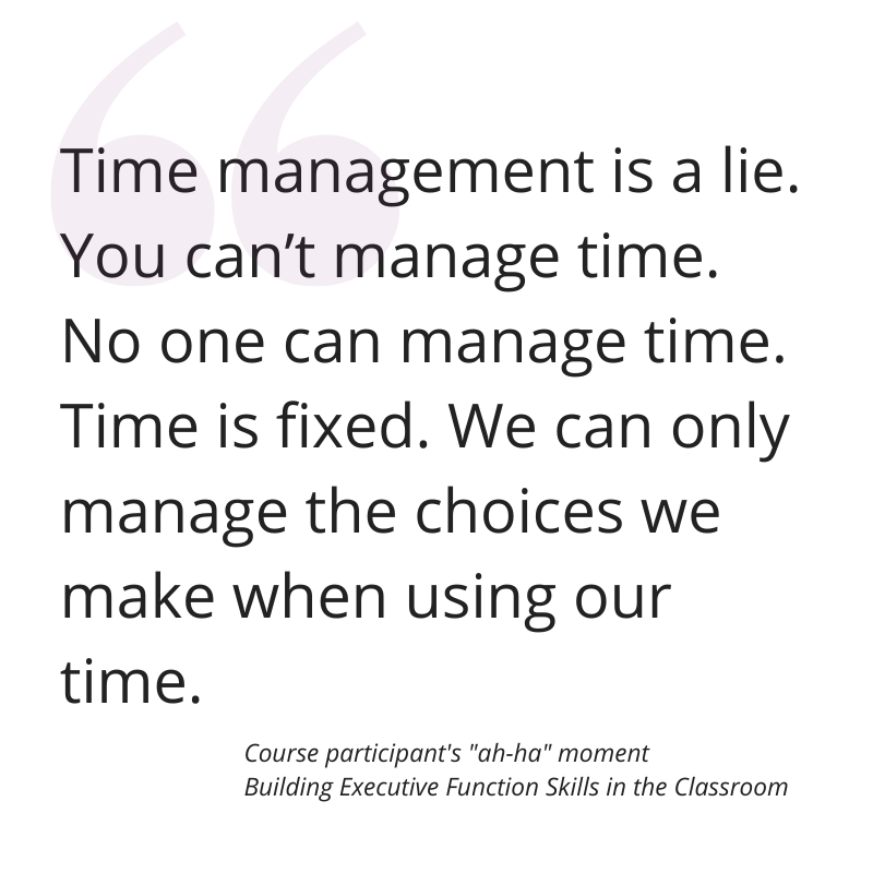 Quote saying: Time management is a lie. You can’t manage time. No one can manage time. Time is fixed. We can only manage the choices we make when using our time.