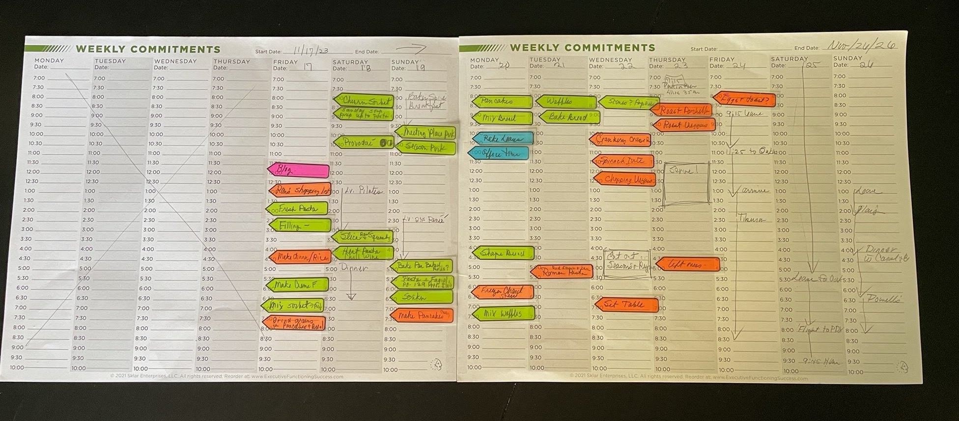 Weekly Commitments page filled out as an example from the Seeing My Time Planner System