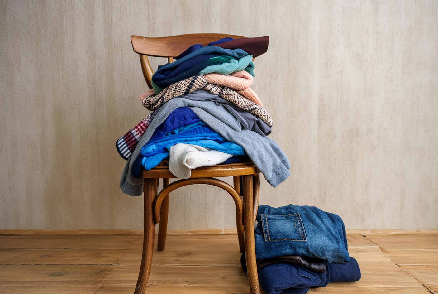 Chair with pile of clothes