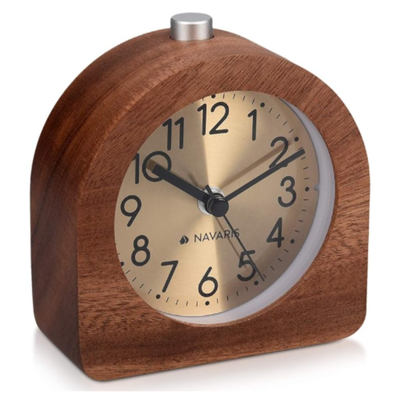 Navaris Wood Analog Alarm Clock - Half-Round Gold Face Battery-Operated Non-Ticking Clock with Snooze Button and Light