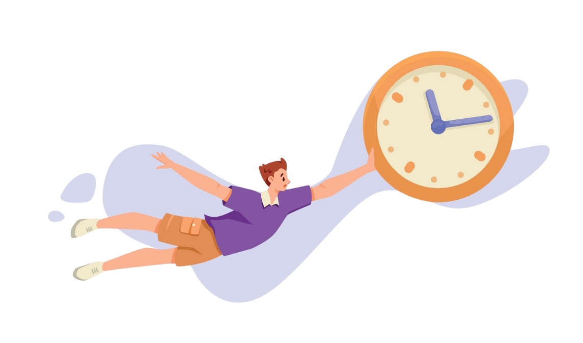Cartoon character floating and chasing a clock, representing a person with a floating time brain