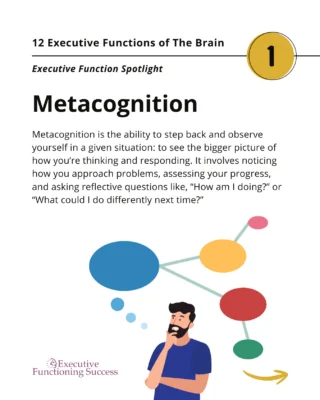 Do you know and understand the executive function skill of metacognition? For those just starting to learn about EFs this one isn’t always immediately clear. We like to define metacognition as “thinking about your thinking,” or put another way, the ability to step back and reflect on your thoughts, behaviors, and strategies.?
?
In the Seeing My Time program, we rate each of the 12 executive function skills to help you better understand your brain’s unique strengths and challenges. The more you know about your own needs, the easier it is to build the right external supports!