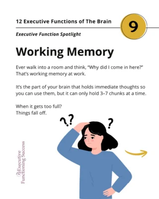 Have you ever walked into a room and thought, “Wait...why did I come in here?”?
?
That’s related to your working memory.?
?
Your working memory can hold about as much information as you can write on a Post-It note. When it gets too full, things start to fall off (hence forgetting why the heck you walked into the pantry in the first place).?
?
Working memory has limits for all of us. And when it gets overloaded, every other executive function feels harder.?
?
The solution is simple but powerful: WRITE IT DOWN!?
?
When you move a thought from your head to paper, you free up mental space. This can really help to reduce that wandering, scattered feeling.?
?
Write it wherever you want (and wherever you think has the most likelihood of getting followed up on - that's a whole other post!). Could be sticky notes, your planner or your phone. A white board is a great place because it's so visible.?
?
External systems support your brain so it can focus on thinking, not remembering.?
?
Read more on the blog, 12 Executive Functions of the Brain Spotlight #9: Working Memory via the link in our bio. ?