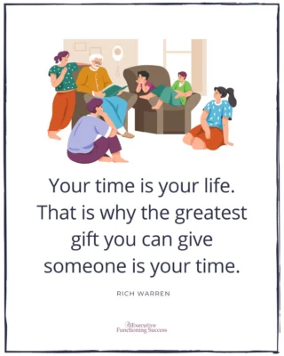 For a lot of us with executive function challenges, time can feel like something that's slipping away, or getting eaten up by things we didn't plan for, or disappearing into tasks that took way longer than they should have.?
?
When time feels chaotic, it's hard to be intentional about where it goes.?
?
That's really the heart of what we teach. Not time management as a productivity hack, but understanding your own brain well enough to actually get your time back. So you can give it to the people and things that matter most to you. ?
?
What or who do you most want to give your time to right now? I'd love to hear. ??