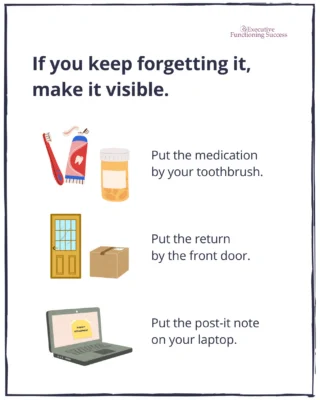 This is one of my favorite executive function tools because it skips willpower and memory altogether. Your brain notices what's in front of it and tends to ignore what's tucked out of sight.?
?
One more to add to the list: ?
?
? Keep your keys in the exact same visible spot by the door, every time.?
?
What's something you've made visible in your own space lately? Tell me below.